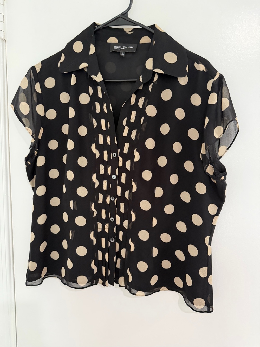 Y2K Jones New York Brown Ivory Polka Dot Silk Blouse Size 16 Pintuck Top Office